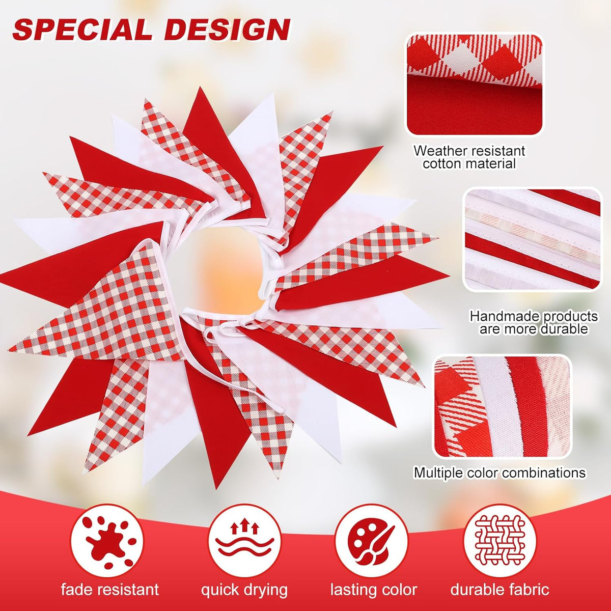 Red Plaid Checkered White Pennant Banner Flag Triangle Bunting Garland Decorations for Wedding