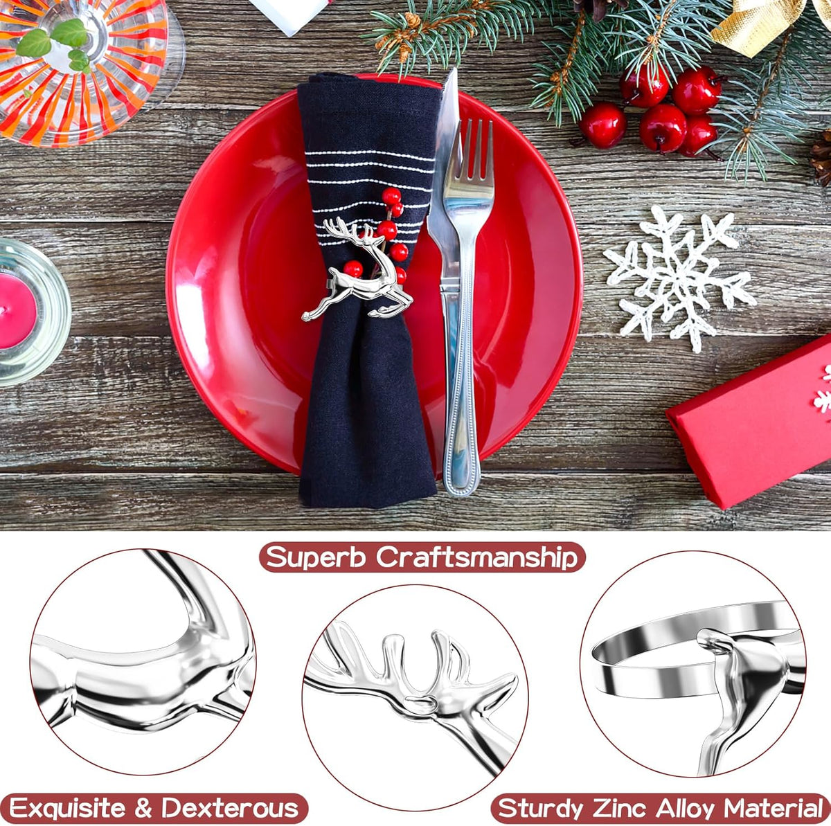 ZeeDix Silver Reindeer Christmas Napkin Rings Set of 8, Napkin Holder Ring for Christmas Dinner