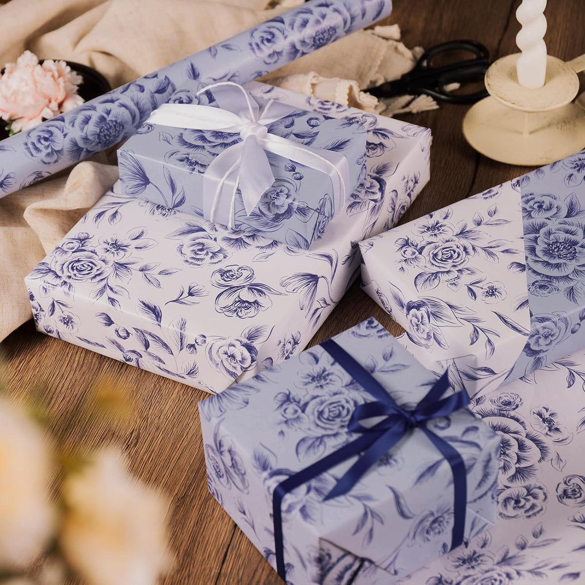 WRAPAHOLIC Jumbo Reversible Floral Wrapping Paper Roll - 30 Inch x 33 Feet - Purple Flower Wrapping