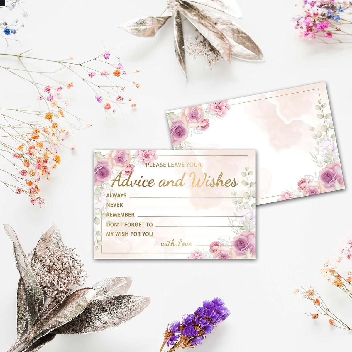 Purple Floral Advice and Wishes Cards, 25 Pcs Blush Pink Double Sided Advice Cards for The Bride