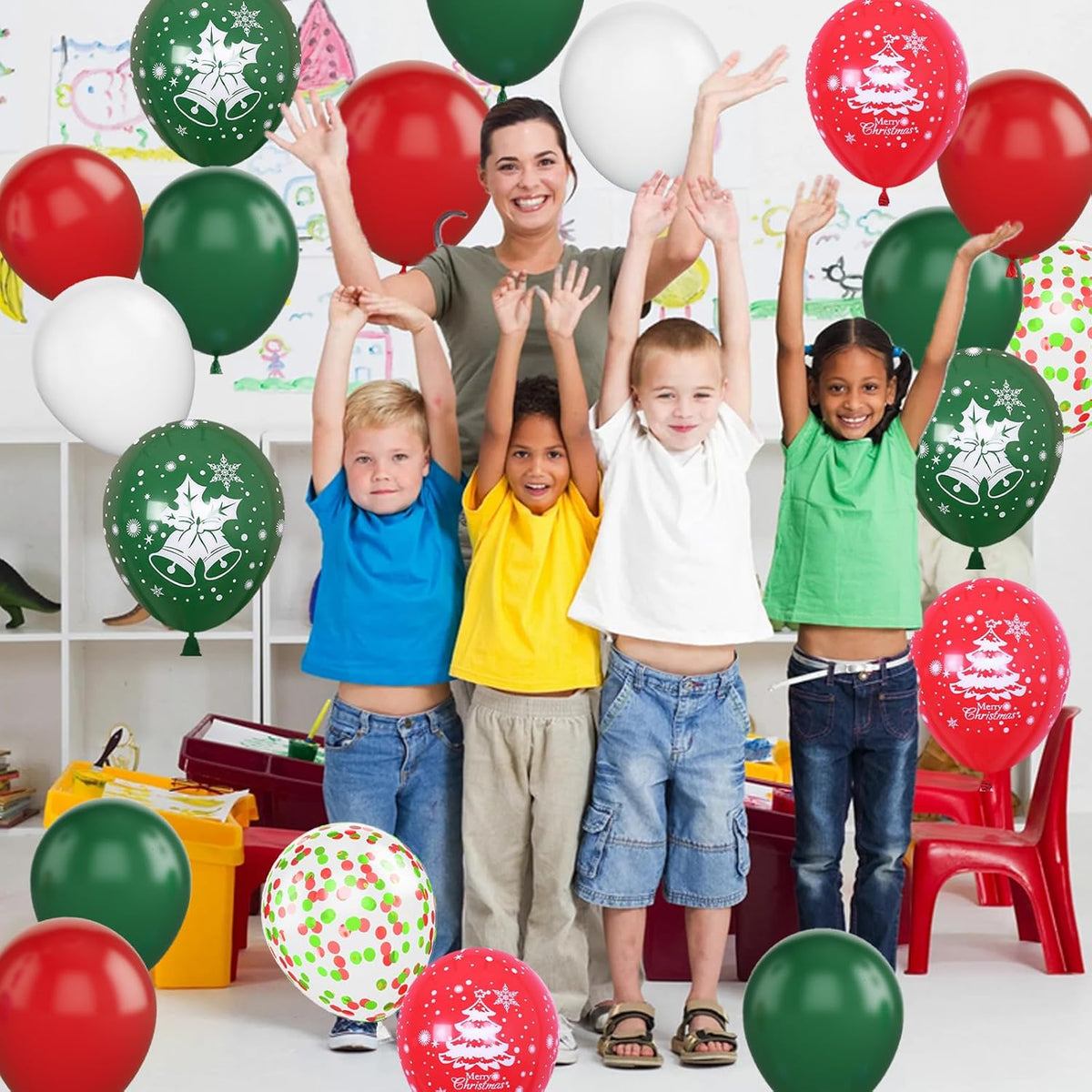 Christmas Balloons, 12 Inch Green Red White Xmax Balloons with Deer Christmas Tree Printed Balloons