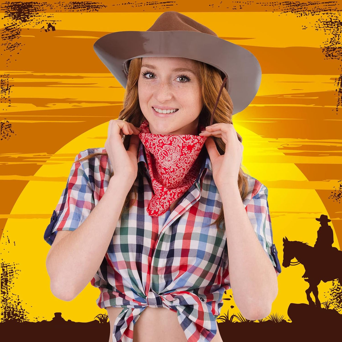 Mepase 24 Pieces Disposable Plastic Western Cowboy Hat Set Felt Wide Brimmed Cowgirl Hats for Men