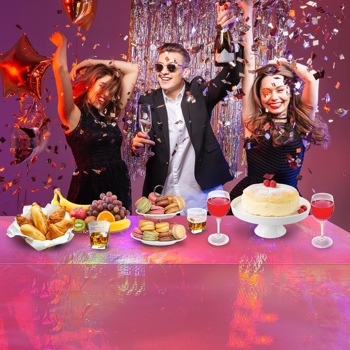 8 Pack Hot Pink Iridescence Plastic Tablecloths Shiny Disposable Laser Rectangle Table Covers