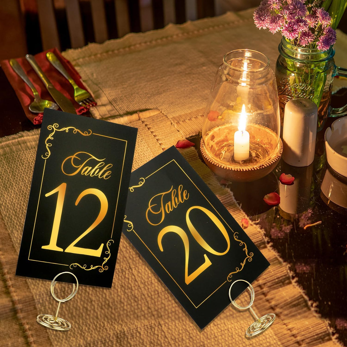 Black Gold Wedding Table Numbers 1-20 With 21 Gold Holders - Set of 21 Table Cards for Wedding