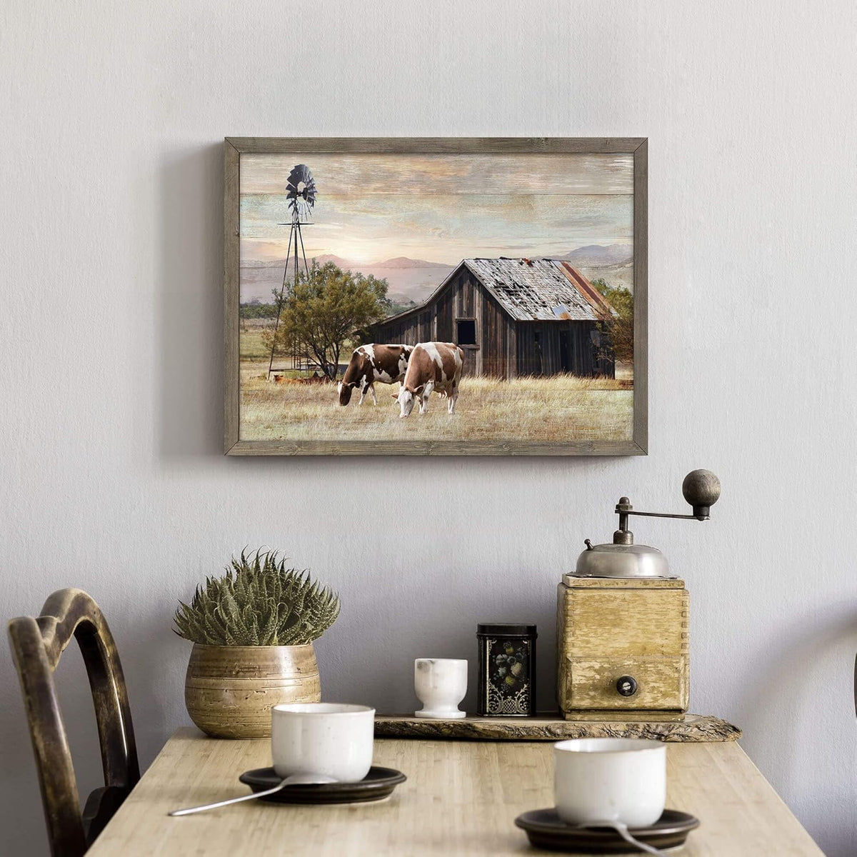 Nature Scene Wooden Framed Art：Horses&Vintage House under the Mountain Painting Print with Framed