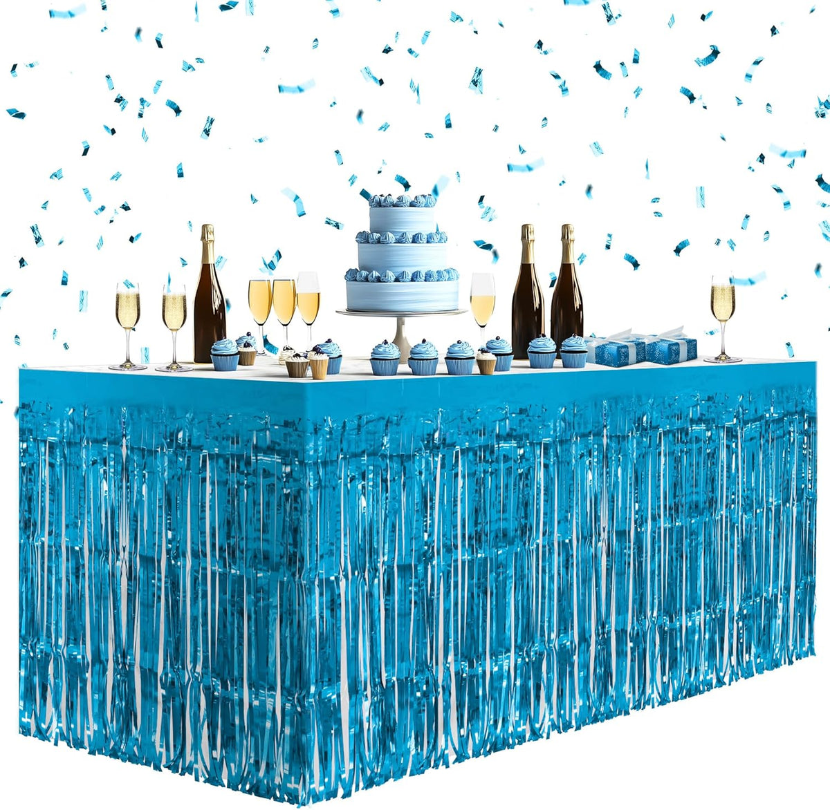 4 Pack Lake Blue Table Skirts, 29x108" Metallic Foil Tinsel Fringe Table Skirts for Rectangle