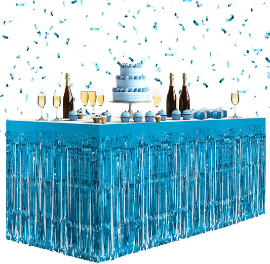 1 Pack Lake Blue Table Skirts, 29x108" Metallic Foil Tinsel Fringe Table Skirts for Rectangle