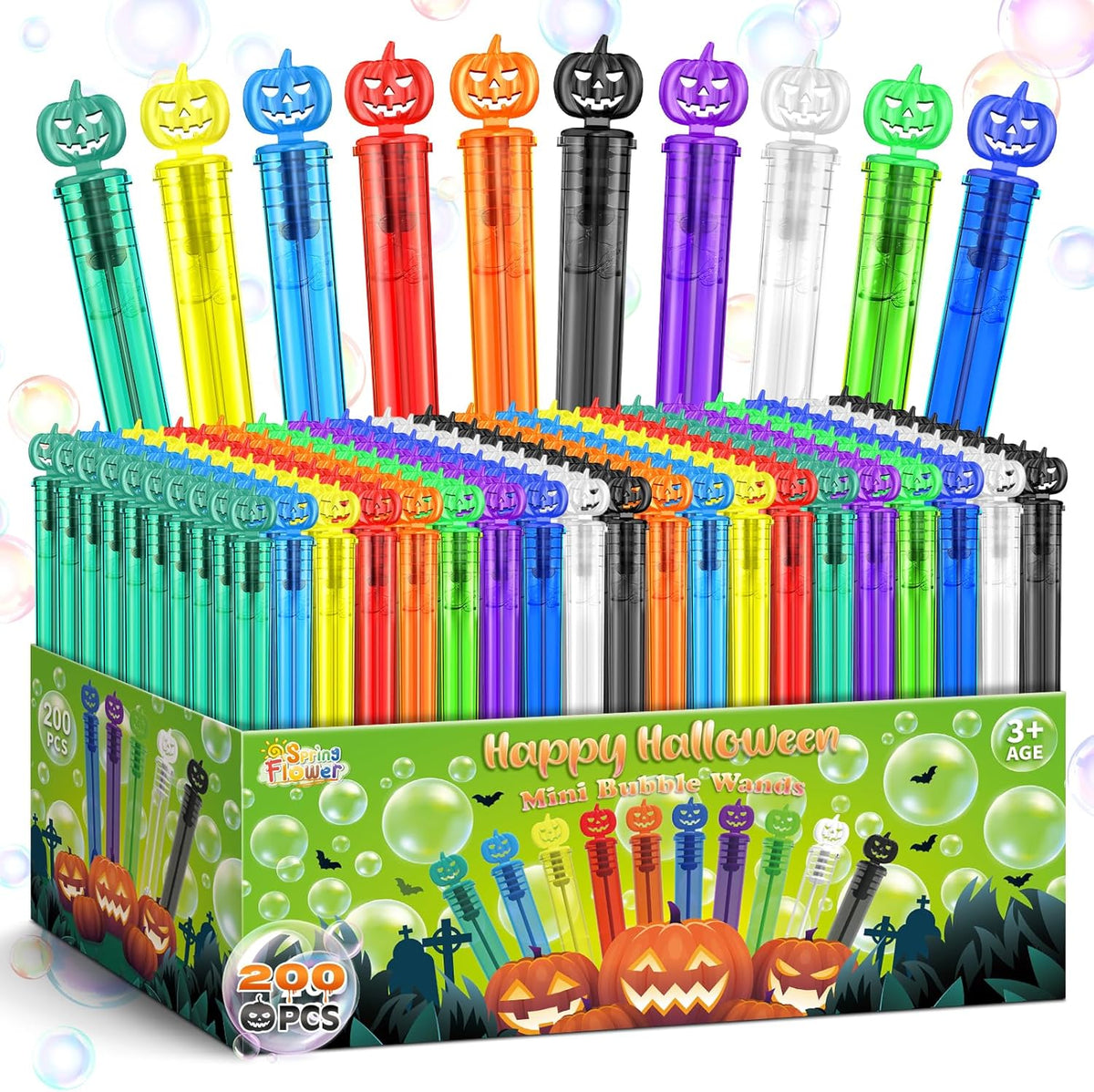 SpringFlower 200 PCS Halloween Party Favor, Bubble Wands for Kids, Halloween Treats Toys, Girls