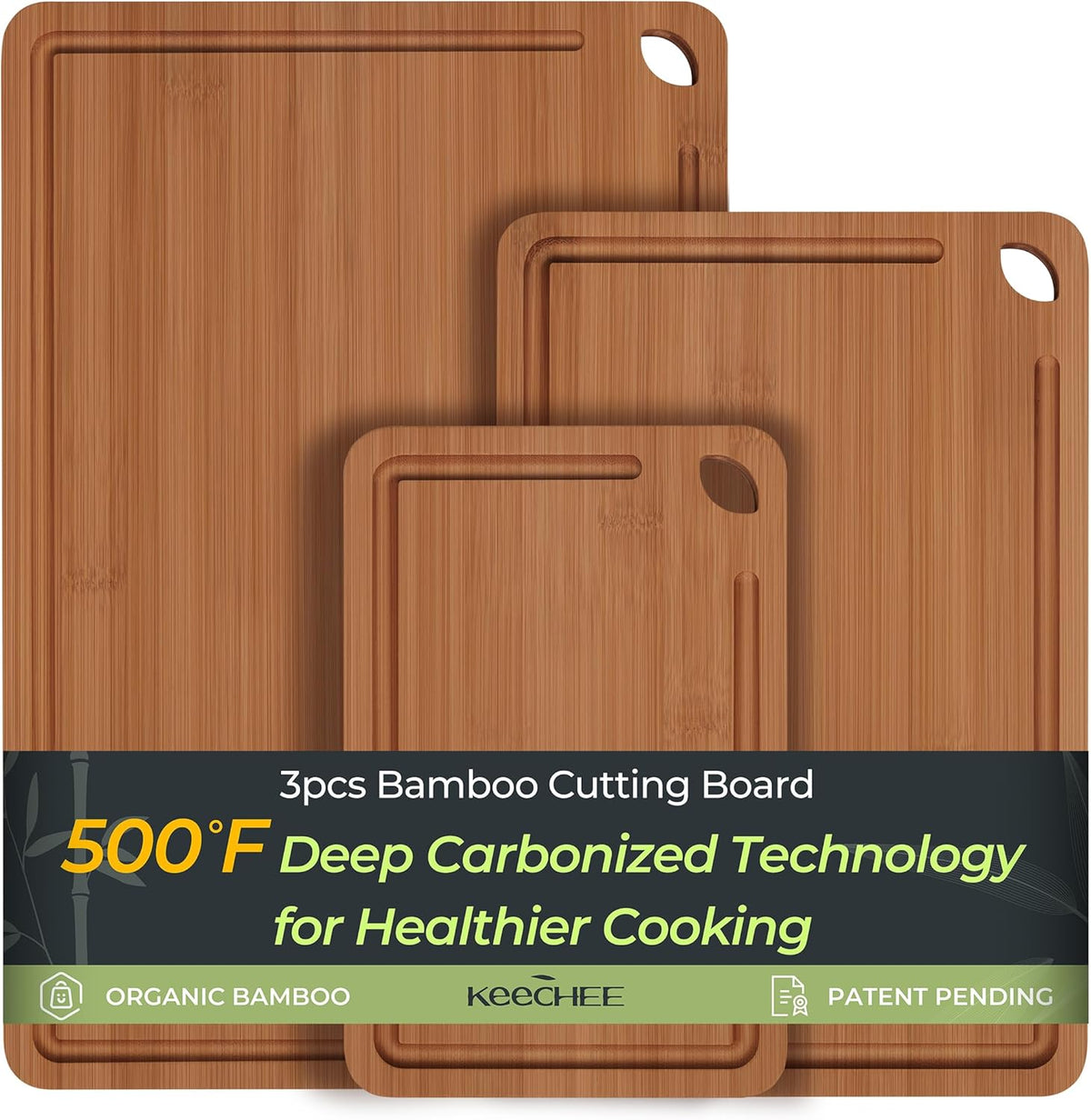 Bamboo Cutting Board, Durable Wood Cutting Boards for Kitchen with Deep Juice Grooves & Built-in