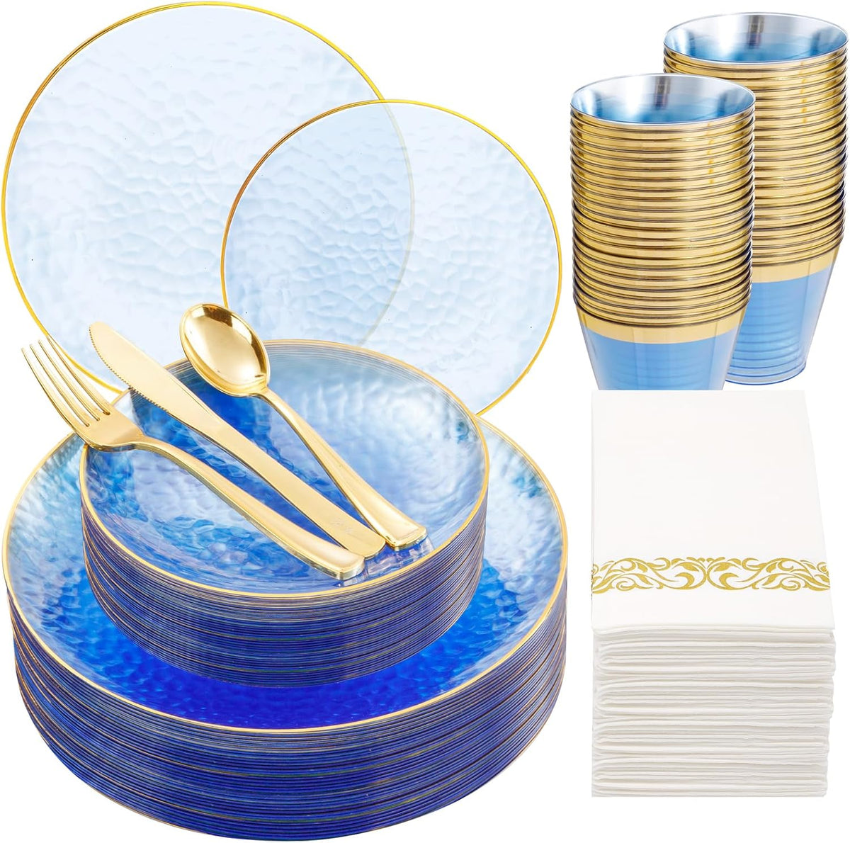 Rubtlamp 175 Pcs Plastic Dinnerware Set (25 Guests), Blue Disposable Plates With Gold Rim, Hammered
