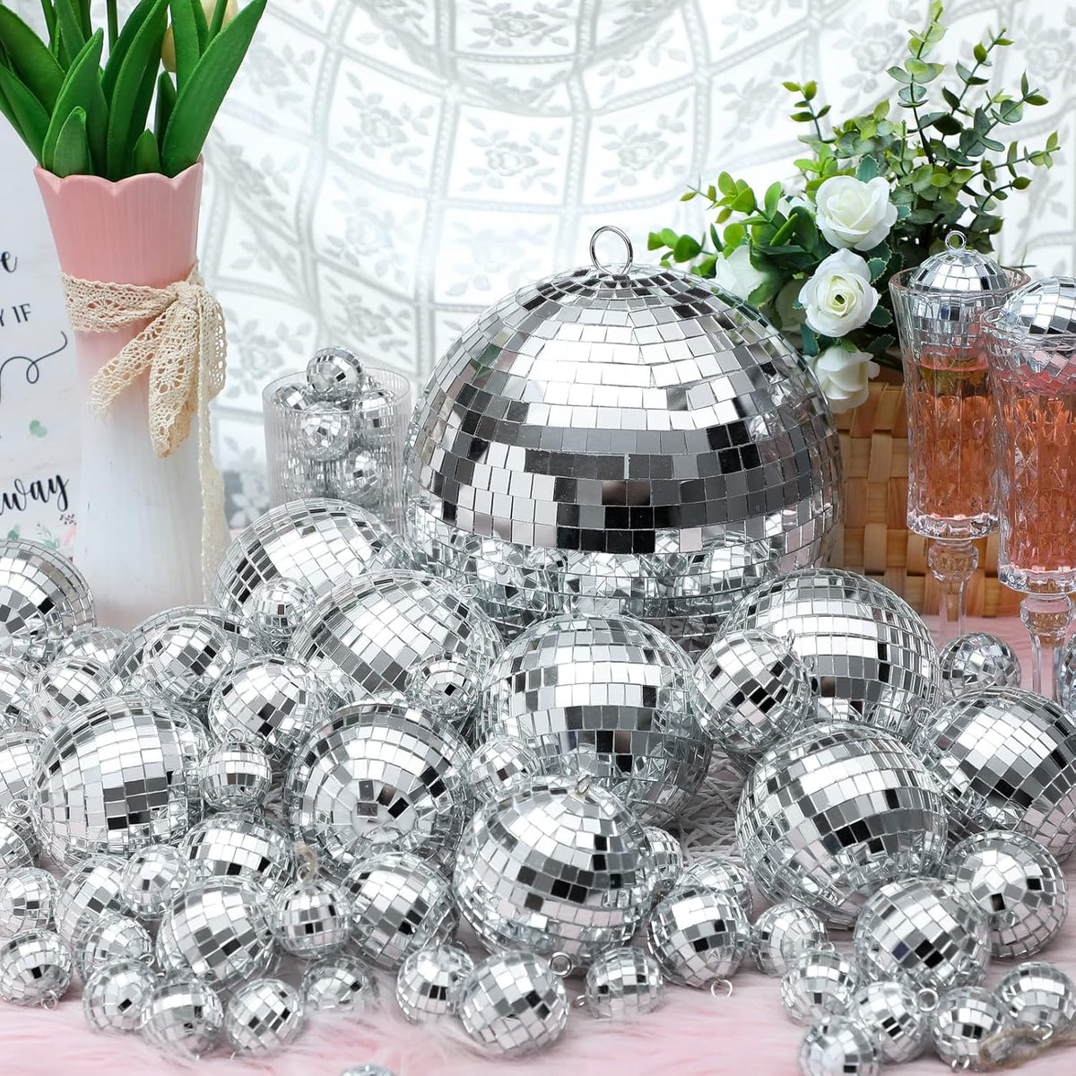Funtery 100 Pcs Mirror Disco Balls Bulk Assorted Silver Hanging Disco Ball Decor for Home Wedding