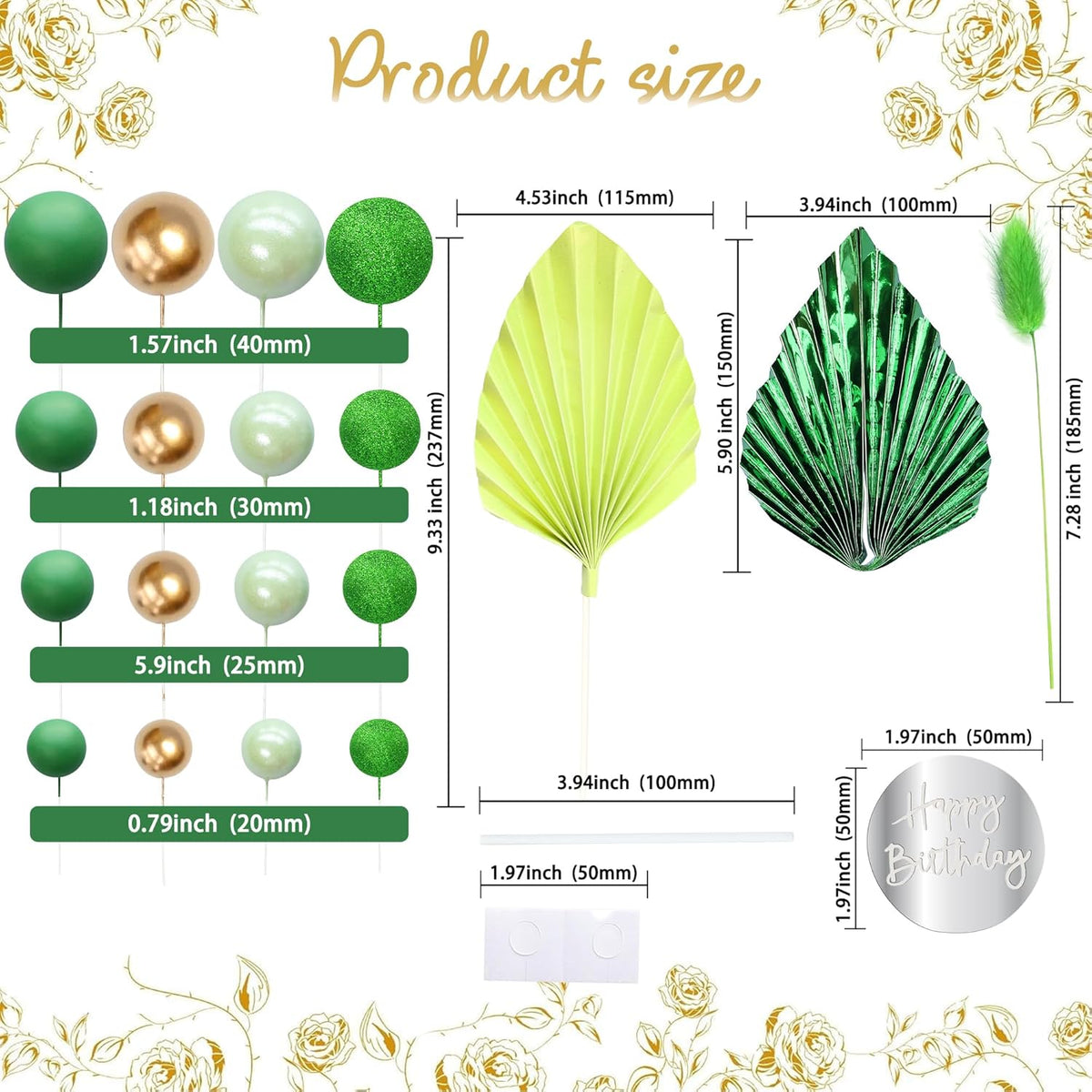 Ephlyn 33 Pack Balls Cake Toppers Boho Palm Leaves Cake Decorations Round Acrylic Happy Birthday