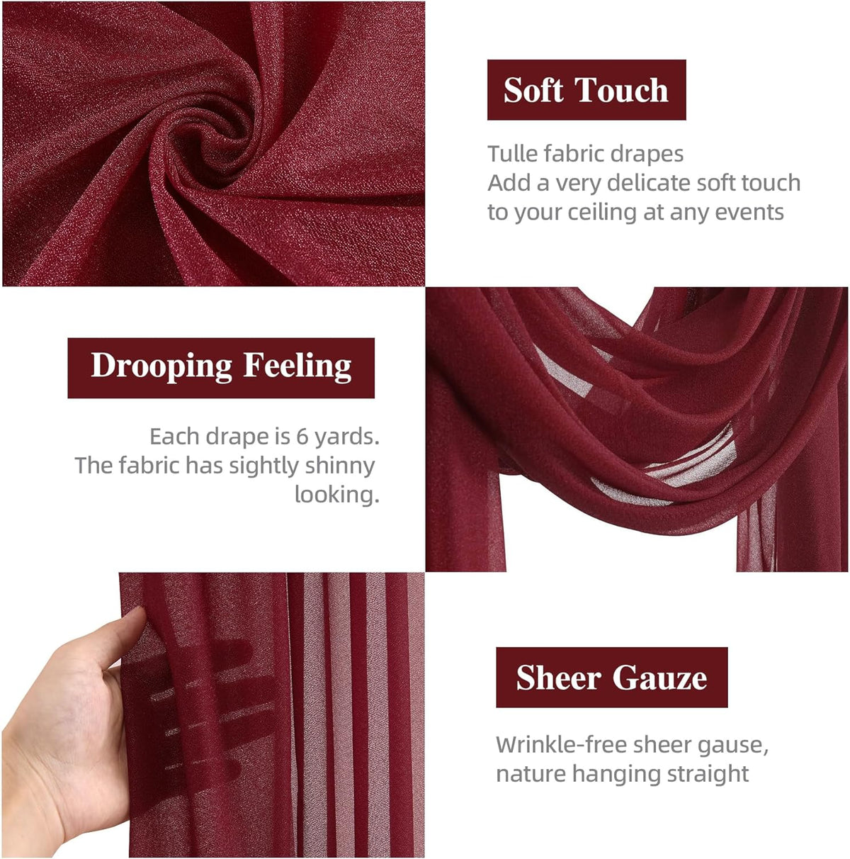 PARTISKY Wedding Arch Draping Fabric, 2 Panels Burgundy Sheer Backdrop Curtain Tulle Fabric Drapery