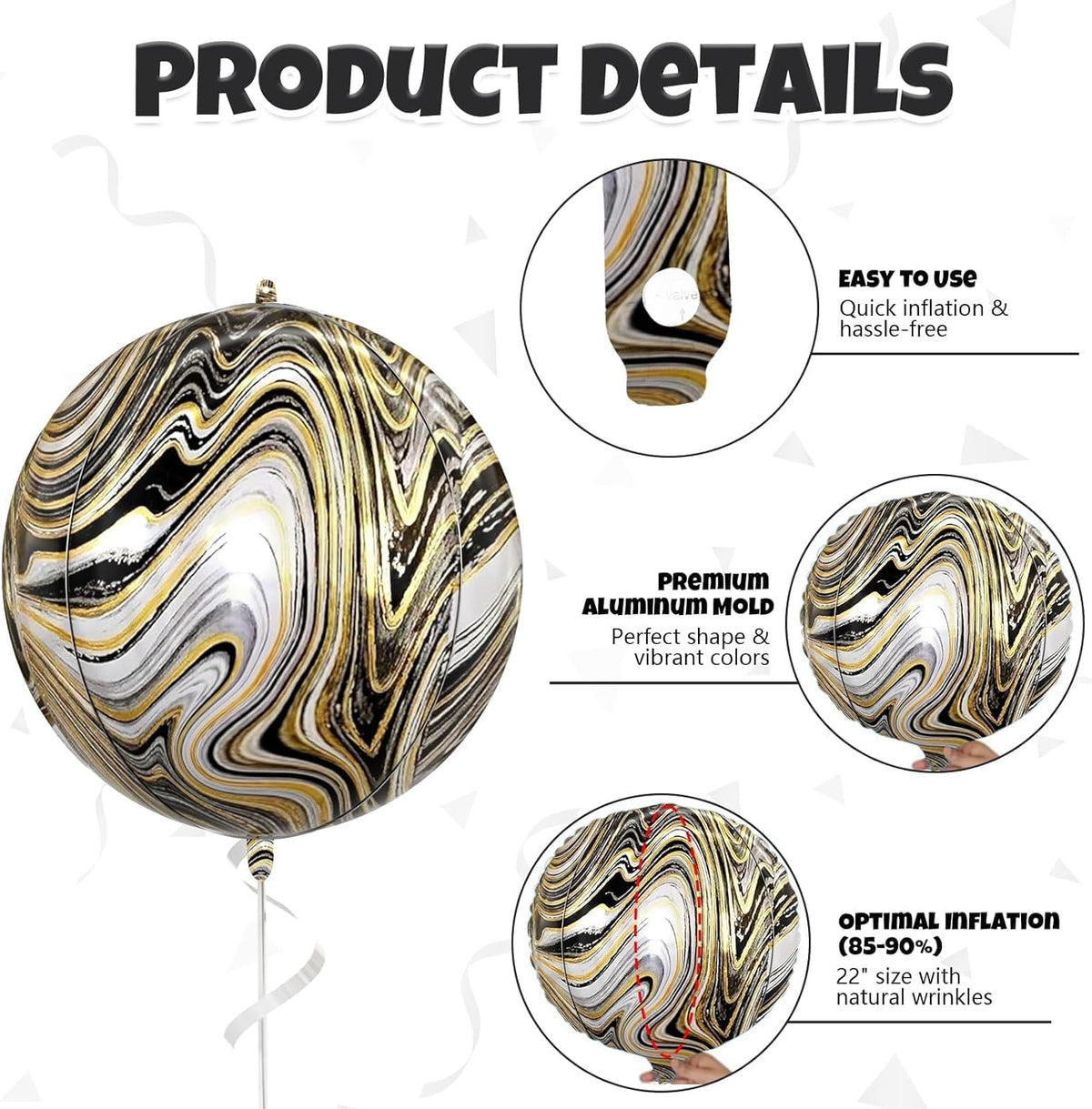 6 Pcs Black Gold and White Balloons, Saxuxu Black and Gold Balloons, 22 Inch Big Round Foil Balloon