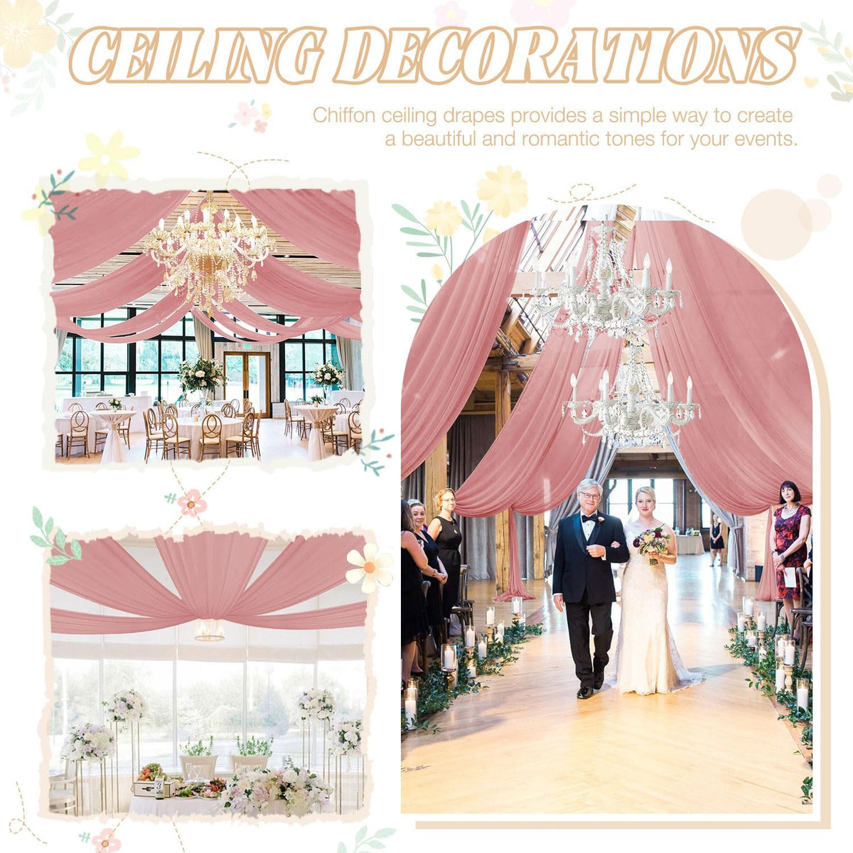 FUHSY Wedding Ceiling Drapes Sheer Fabric for Draping 2 Panels 5x20 FT Dusty Rose Backdrop Curtains