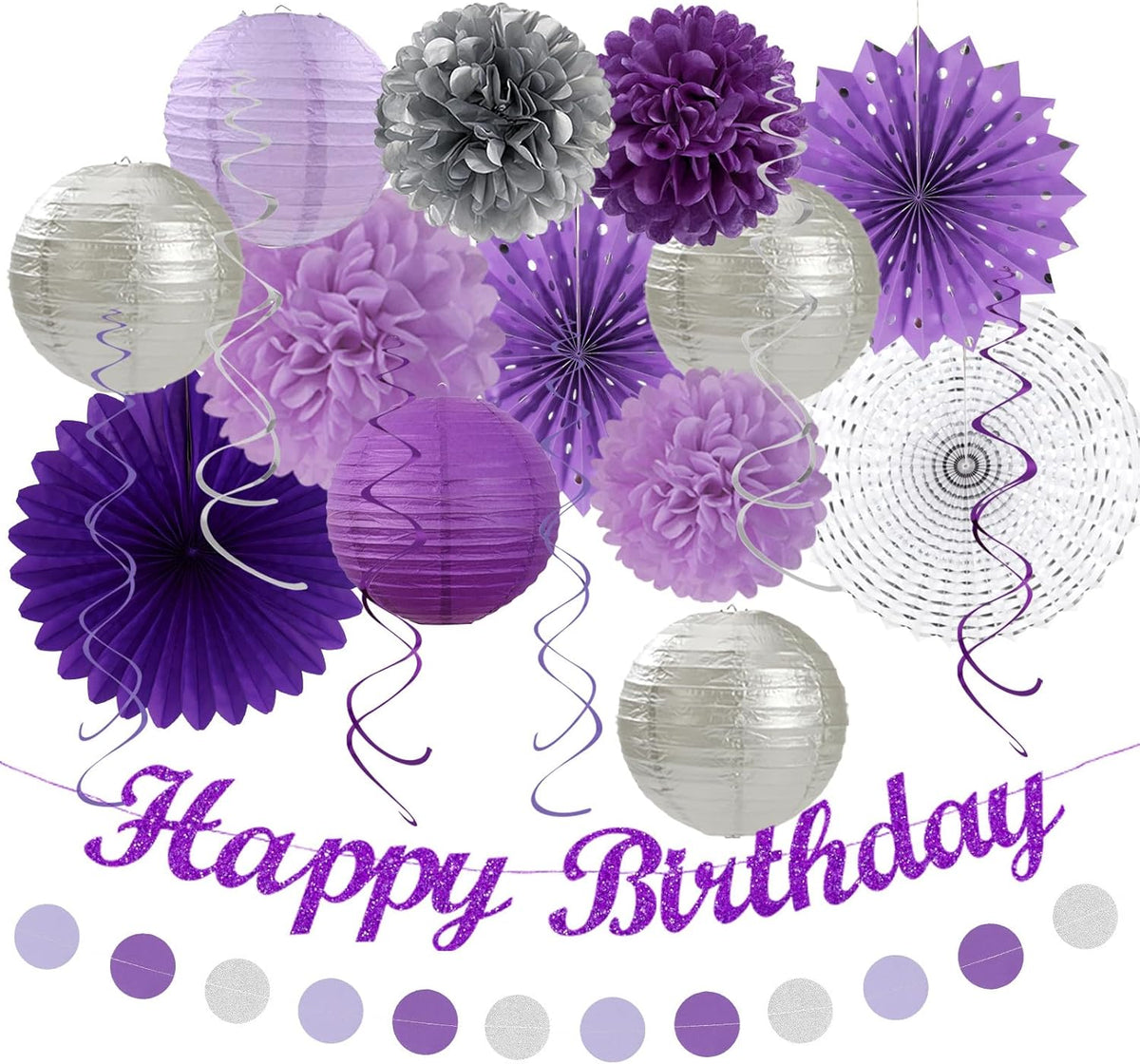 Purple Lilac-Lavender Silver Women Birthday Party-Decorations - 21pc Happy Banner,Paper Lanterns