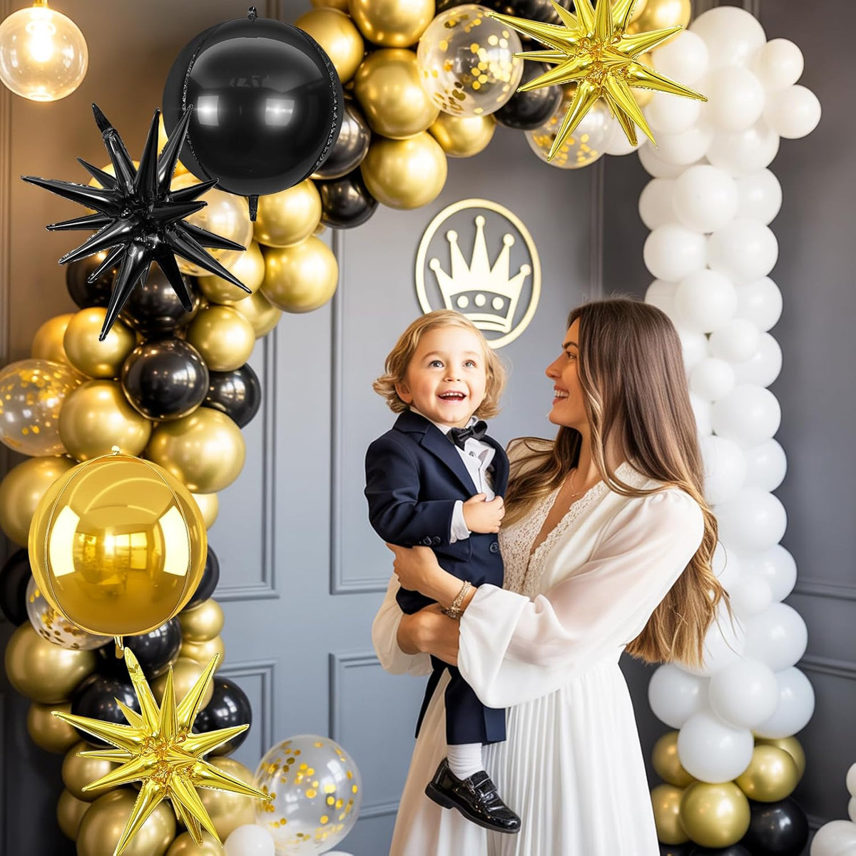 6Pcs Black Gold Foil Balloons,22Inch Gold Black 4D Round Ball Balloon and Explosion Star Balloon
