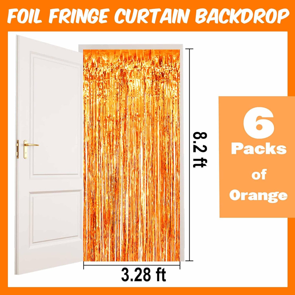 6 Pack Orange Foil Fringe Curtains Backdrop, 3.28 x 8.2 Ft Metallic Streamers Tinsel Curtains