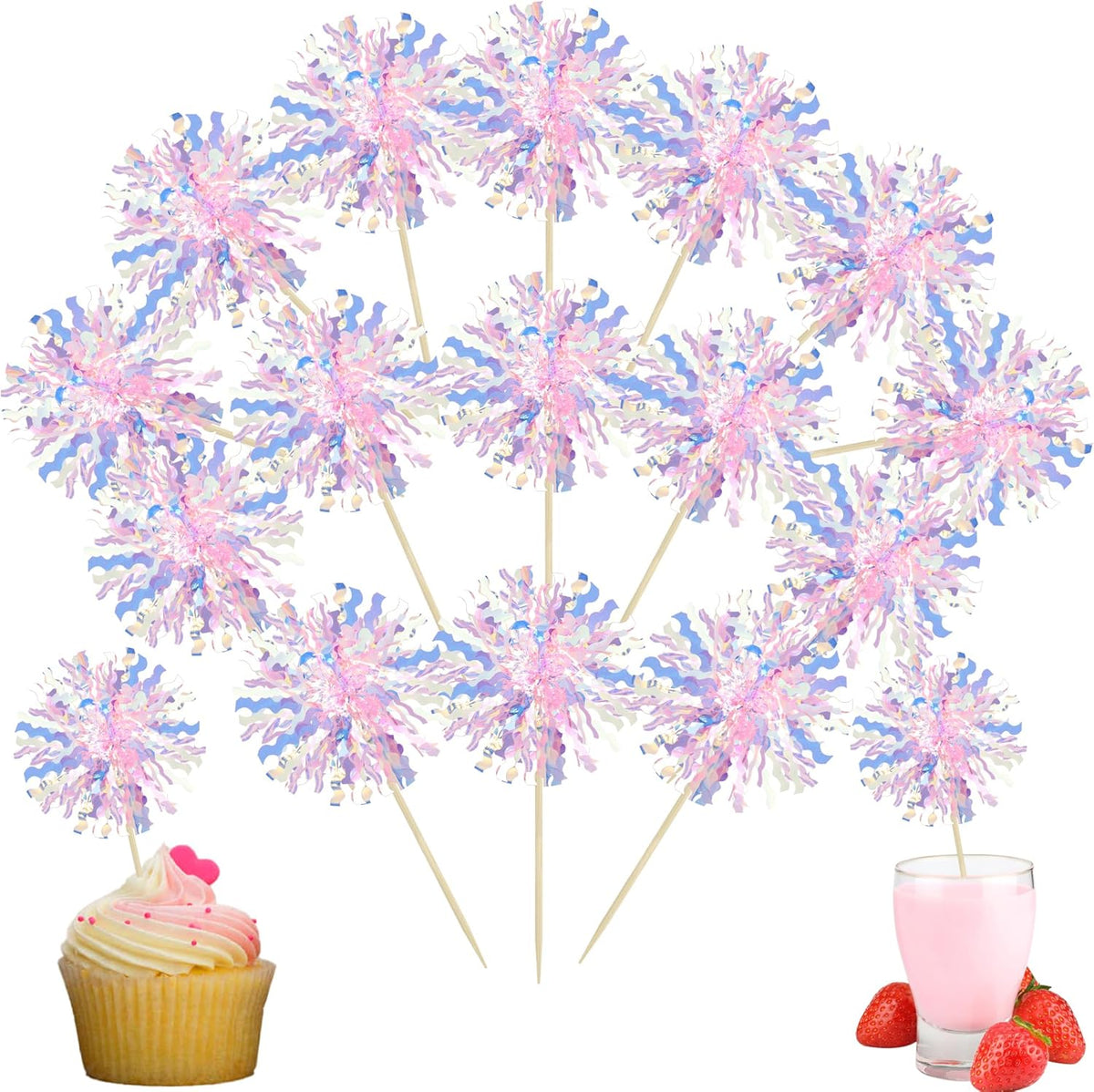 Ephlyn 30Pcs Foil Firework Cupcake Toppers Firework Cake Toppers Tinsel Flower Drink Stirrers