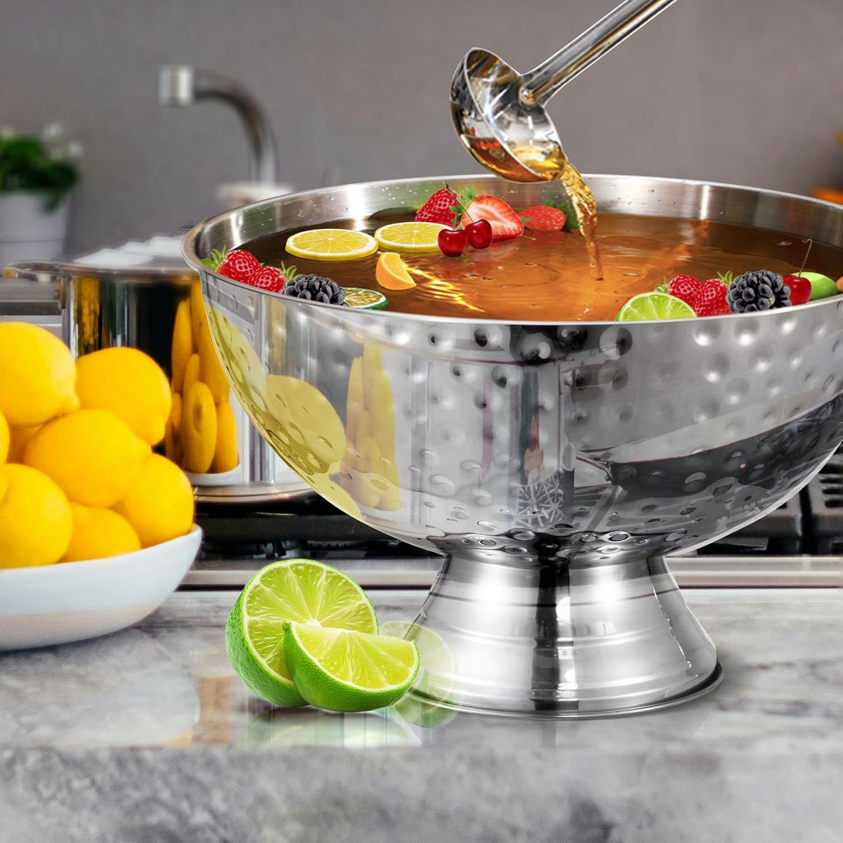 12L Hammered Large Ice Bucket for Parties - 16"x16"x10" Huge Punch Bowl with Ladle - Stainless