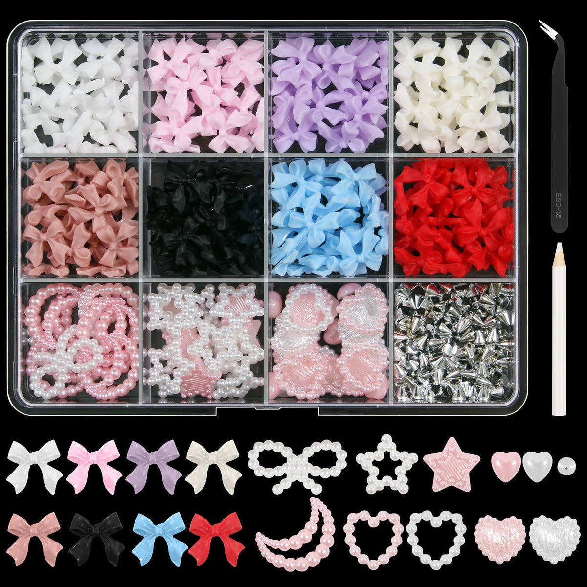 Artdone Nail Art Studs Kit, 12 grids 8 Colors 3D Charms and Pink Mix White Star Heart Moon Cute