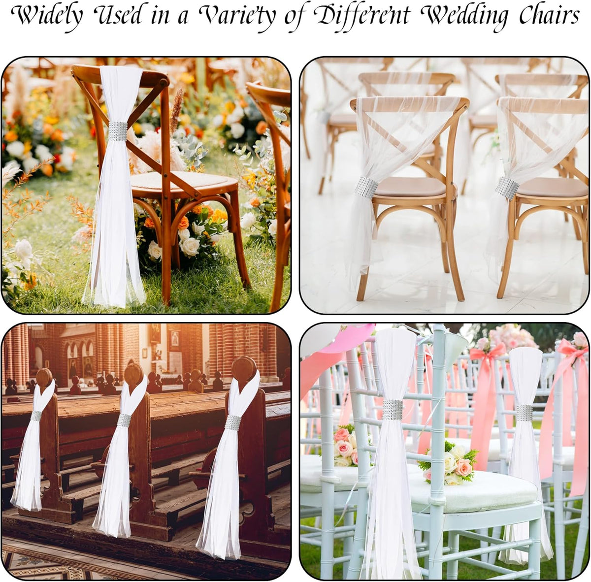 26 Sets Large White Pew Bows Tulle Wedding Aisle Chair Decorations, Extended Church Pew Decor Aisle