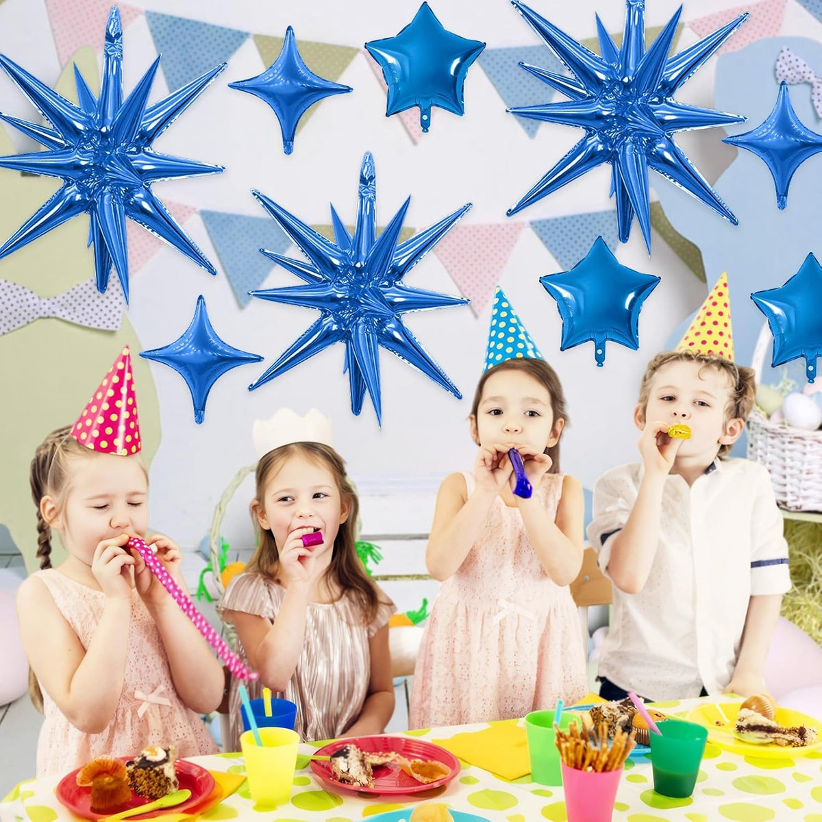 Blue Star Balloon,16Pcs Star Foil Balloons Set with 22Inch Explosion Spike Cone Balloons and 10Inch