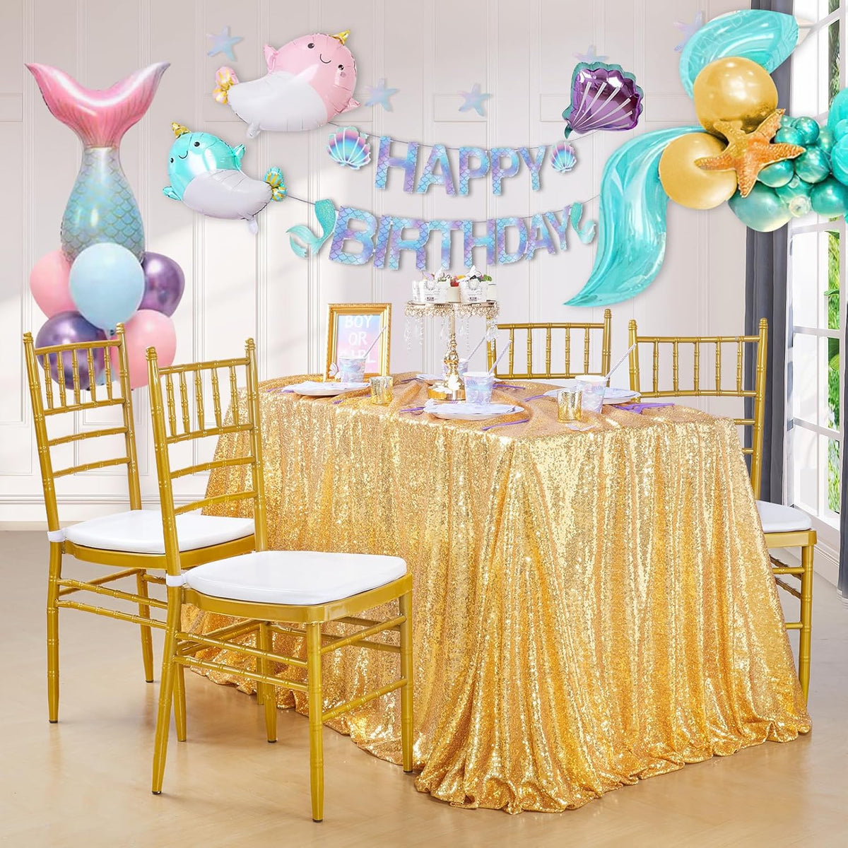 QueenDream Glitter Gold Tablecloth for Parties 90x156 Inch Sequin Fabric Rectangle Table Cloth for