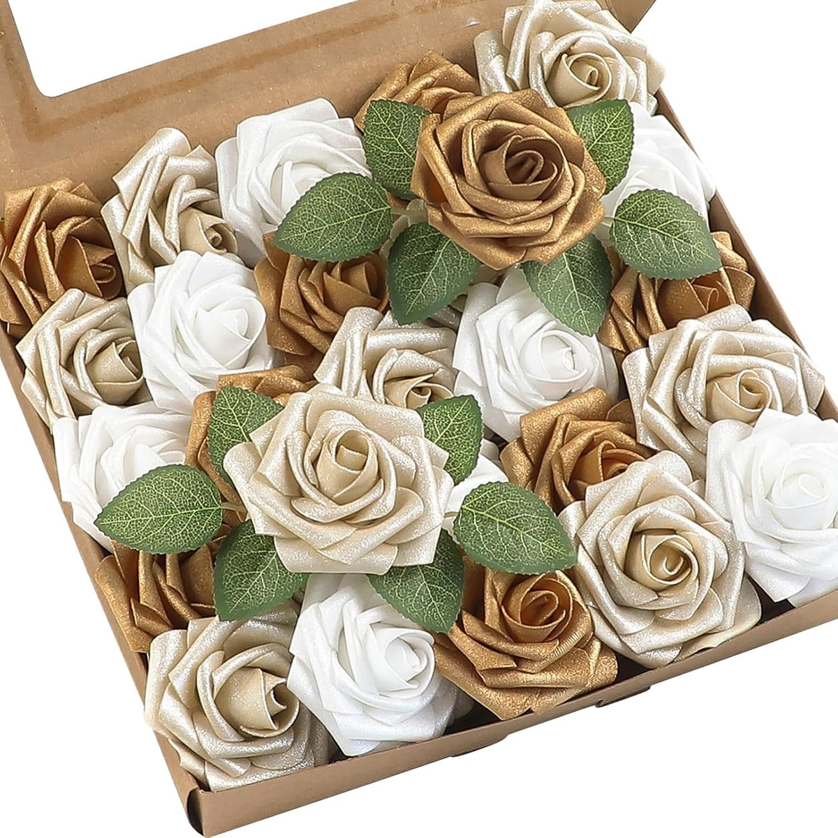 Floroom Artificial Flowers 25pcs Real Looking Gold & Champagne Gold Foam Fake Roses with Stems for