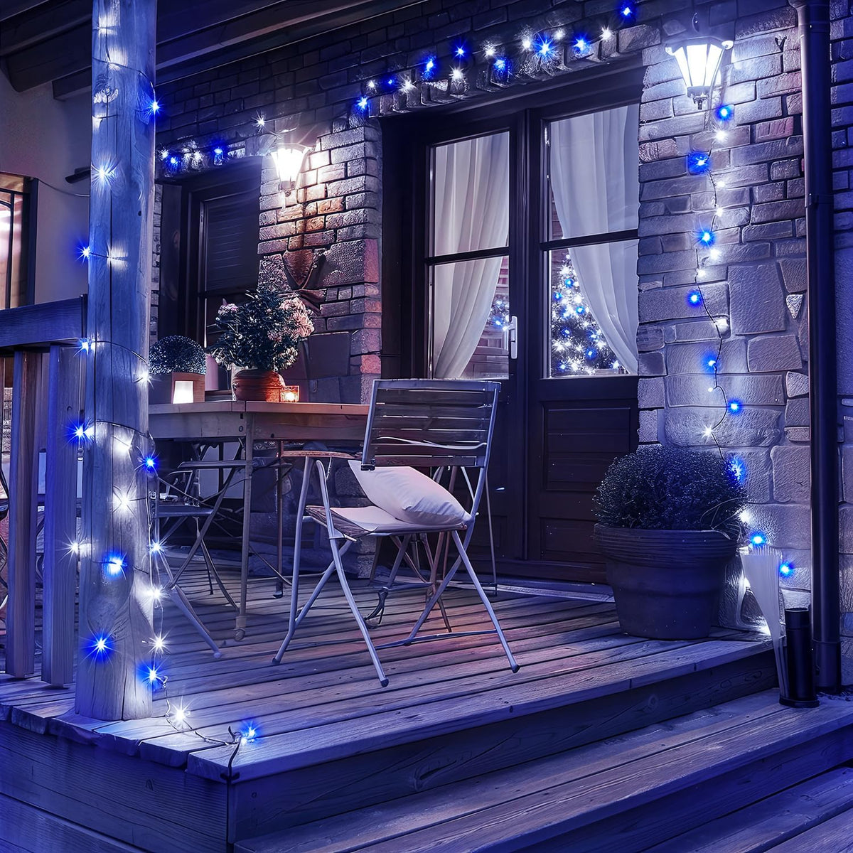 JMEXSUSS 2 Pack Blue & White Solar String Lights, Each 100 LED 33ft, Waterproof, 8 Modes for
