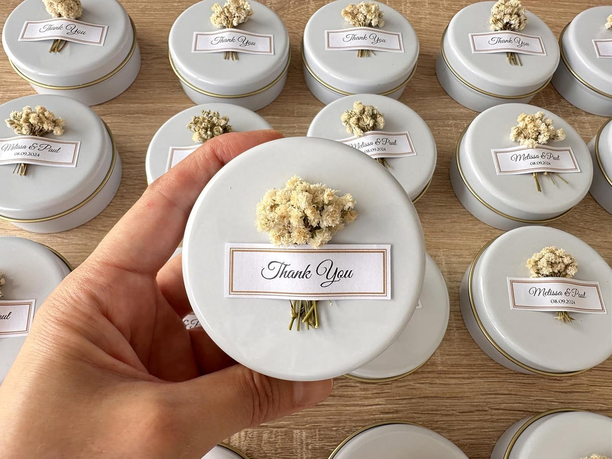 Scented Soy Wax Candle Favors with Dried Flowers - Personalized for Weddings, Bridal Showers, Baby