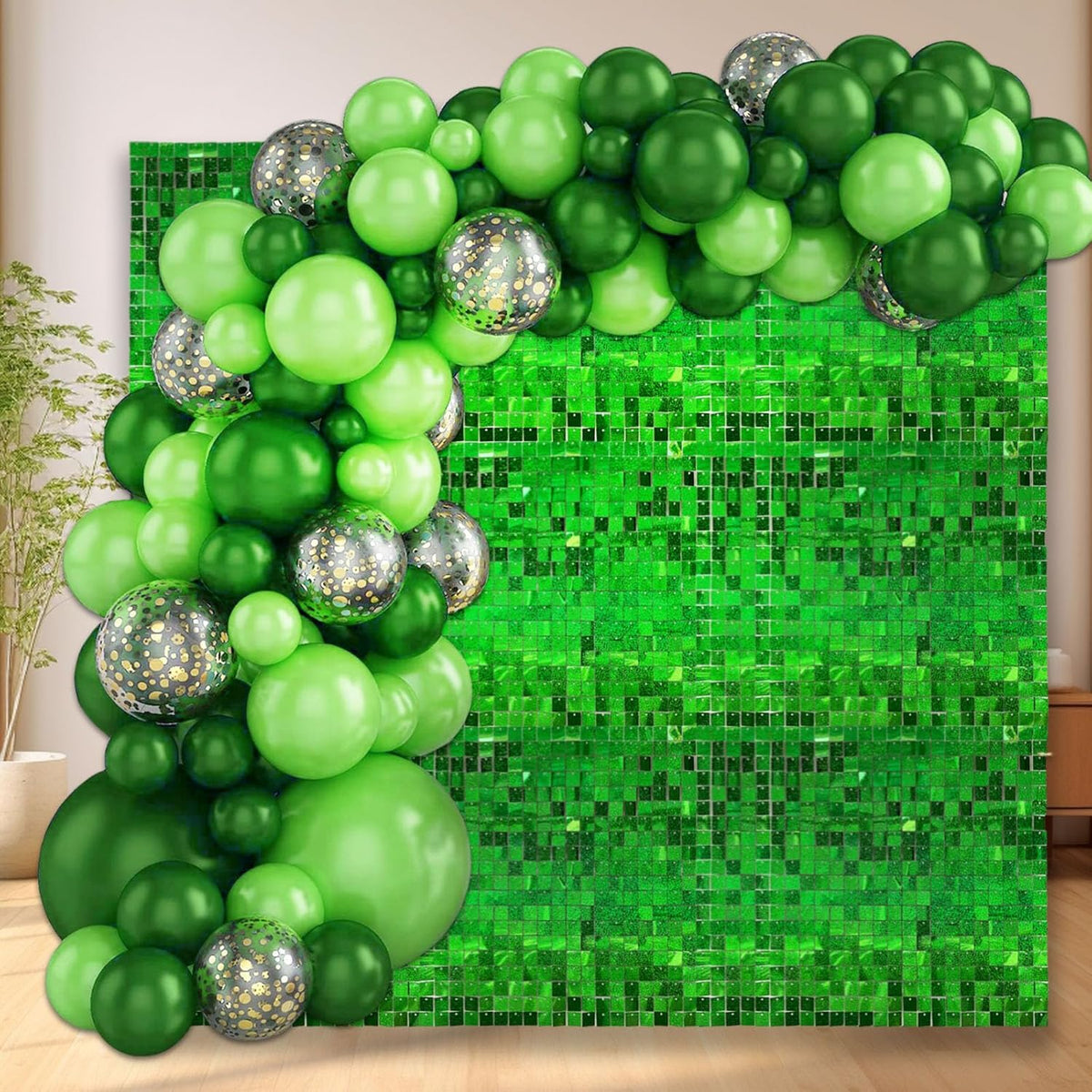 24PCS Green Shimmer Wall Backdrop, Laser Square Sequin Photo Backdrops Panel, Glitter Wall