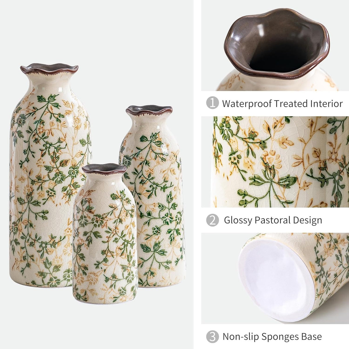 Ceramic Vase Set of 3, Vintage Green and Beige Vases Set, Flower Rustic Chinoiserie Vases Floral