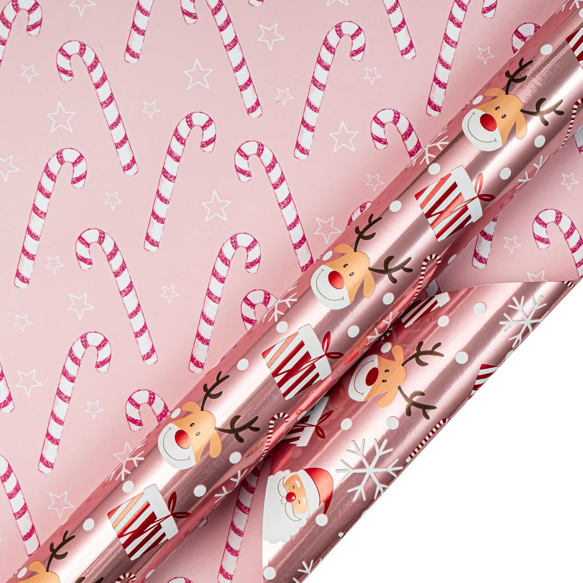 LeZakaa Christmas Pink Wrapping Paper Mini Roll, Santa Claus & Candy Cane, Metallic Foil, Rose Gold