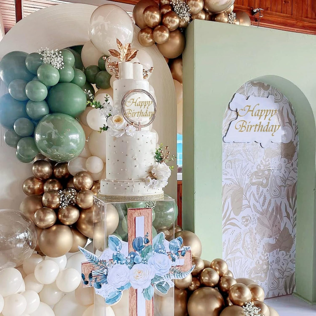 Dusty Green White Gold Balloons, 50pcs Sage Olive Green Metallic Champagne Gold White Latex