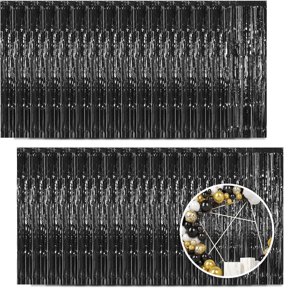 30 Pack Black Foil Fringe Curtain Backdrop, 3.3x8.2 Feet Metallic Tinsel Streamer Curtains Photo