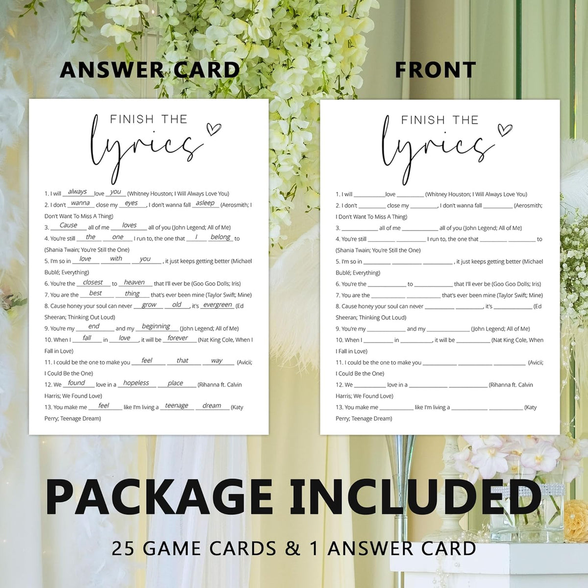 Bridal Shower Games, Finish the Lyrics, 25Pcs Minimalist White Double-Sided Bridal Game Cards with