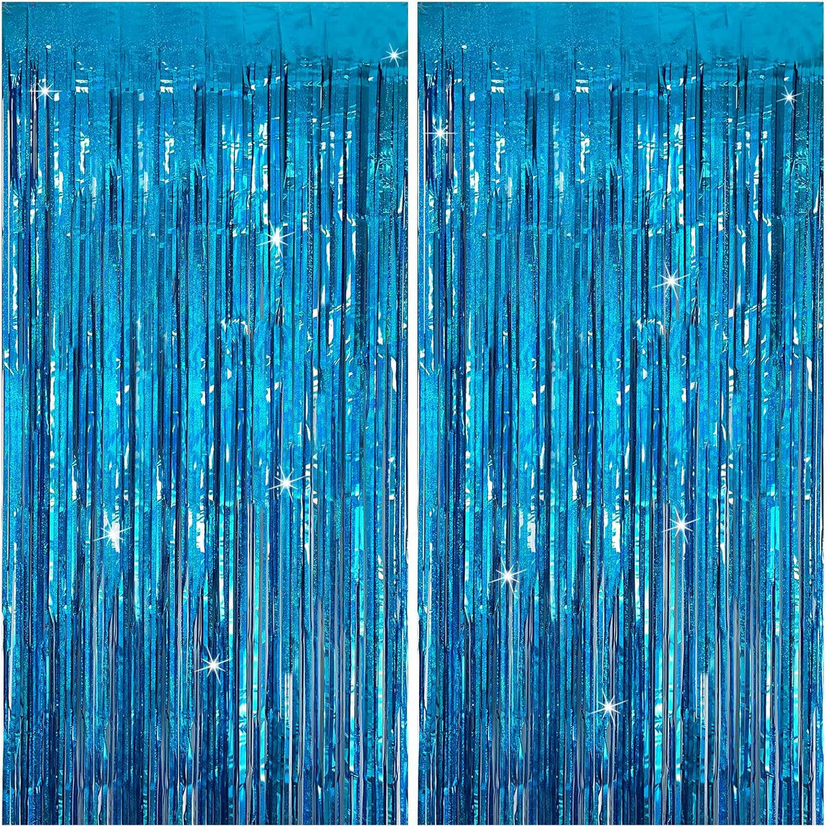 Tinsel Curtain Party Backdrop Blue Birthday Decorations 2 Packs Glitter Foil Fringe Curtain Party