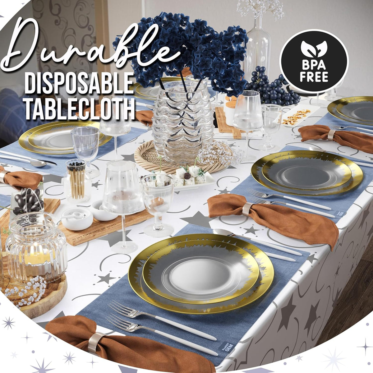 Exquisite Silver Star Tablecloth Plastic 12-Pack Disposable Rectangle Tablecloths 54" x 108" Silver