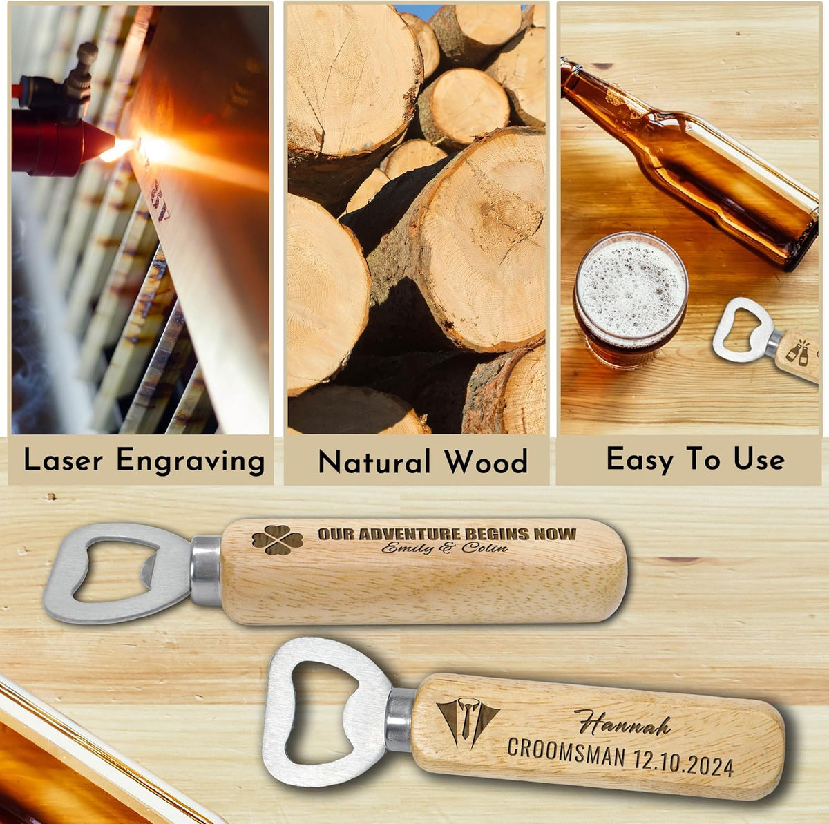 15-100PCS Custom Bottle Openers Bulk, Beer Bottle Opener with Wooden Handle, Engraved Groomsmen