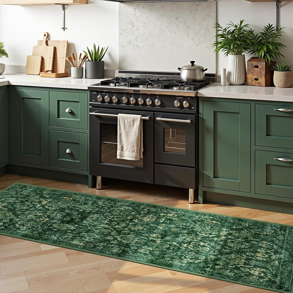 Dark Green 3x7 Runner Rug for Hallways Bed Side Kitchen, Boho Washable Distressed Low-Pile Floor