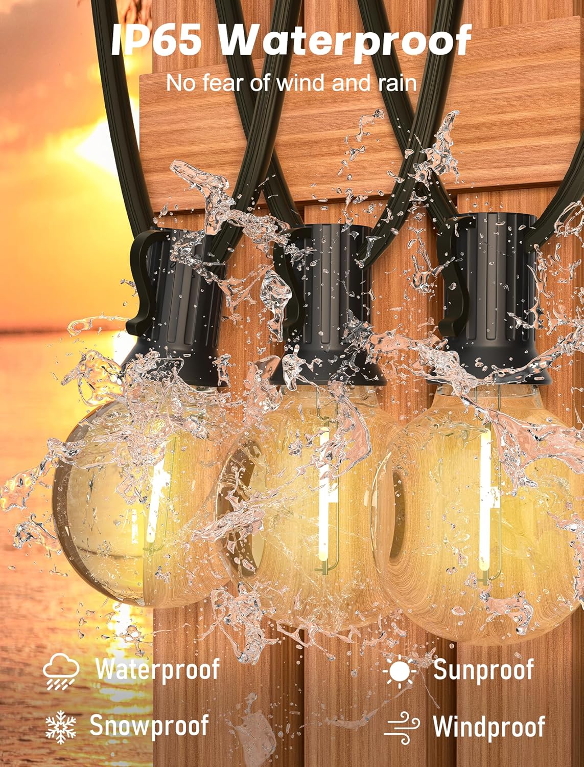 SUNSGNE 100Ft LED Outdoor String Lights - G40 Globe String Lights Waterproof Shatterproof with 52