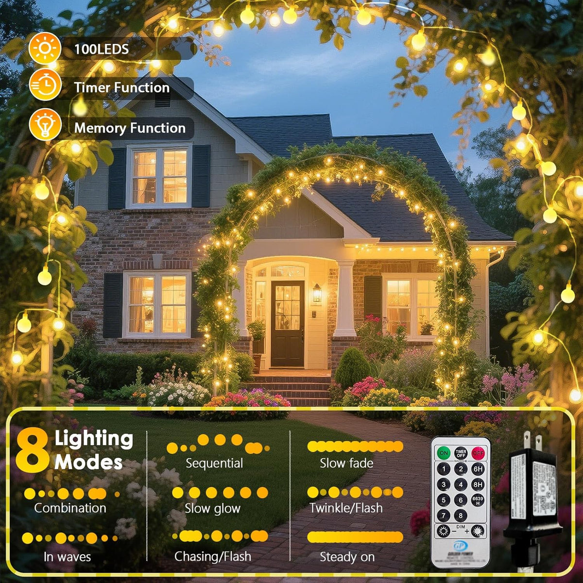 43FT 100LED Connectable Globe String Lights | 8 Modes Fairy Lights Plug in with Remote | Warm White