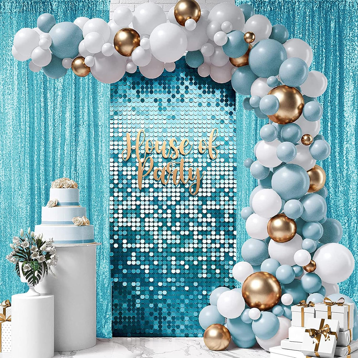 Hahuho Turquoise Sequin Backdrop Curtain, 4PCS 2FTx8FT Glitter Backdrop Curtain for Parties
