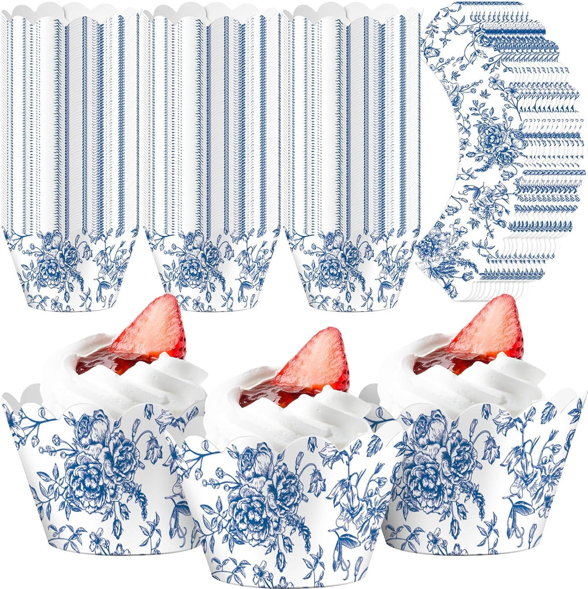 Domensi 100 Pcs Blue Floral Cupcake Wrappers Rustic Cupcake Liners Baking Cups Baking Liners for
