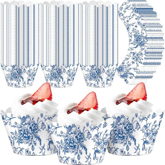 Domensi 100 Pcs Blue Floral Cupcake Wrappers Rustic Cupcake Liners Baking Cups Baking Liners for