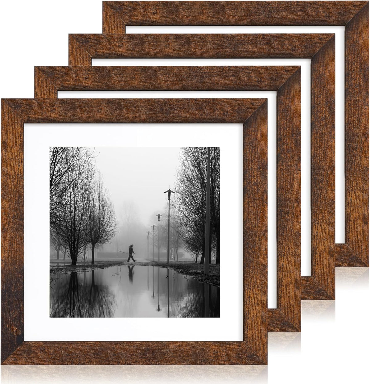 10x10 Picture Frame Set of 4 with Real Glass, Rustic Frames Display 8x8 Picture with Mat or 10 x 10