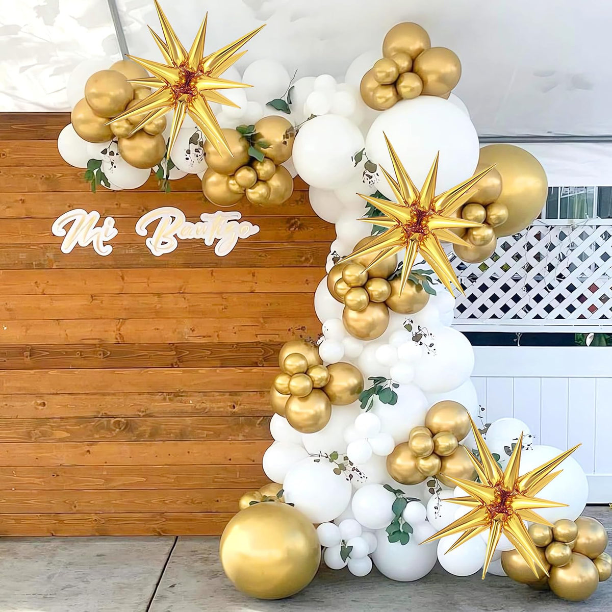 White and Gold Balloons Garland Arch Kit, 130Pcs White Metallic Gold Confetti Balloon with Star