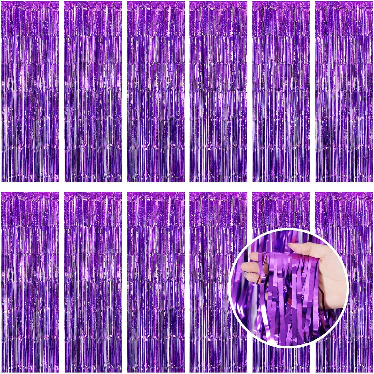 Purple Fringe Curtain Party Streamers, 12 Pack 3.3ft x 8.2 ft Foil Curtain Backdrop Tinsel Foil
