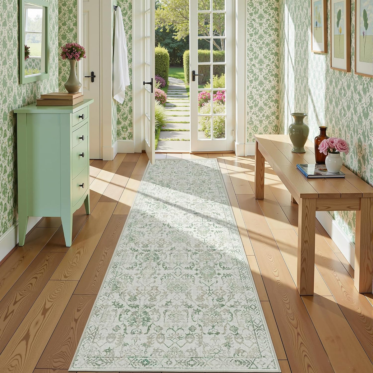 Green 3x10 Runner Rug for Hallways Bed Side Kitchen, Boho Washable Distressed Low-Pile Floor